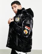 Guess Shiny Puffer Jacket In Black With Badge Logo