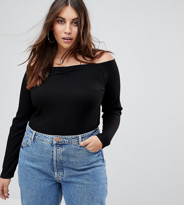 Asos Curve Off Shoulder Top In Fitted Rib - Black
