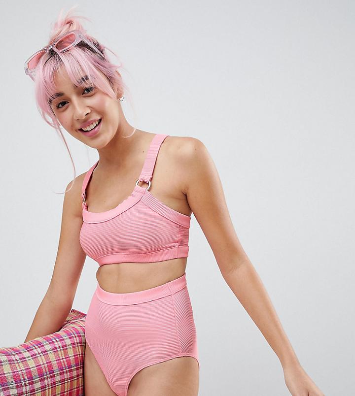 Monki Rib Ring Detail Bikini Top In Pink - Pink