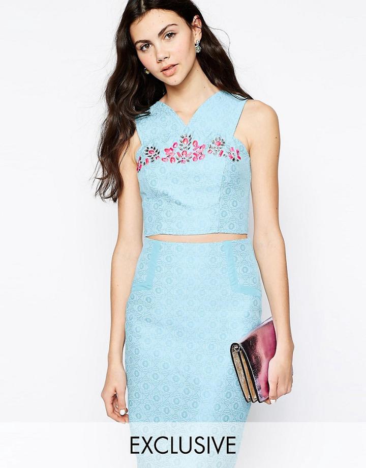 Starlet Jacquard Crop Top With Embellished Neckline - Blue