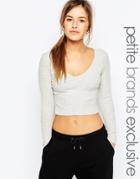 One Day Petite Long Sleeve Rib V Neck Crop Top - Gray Marl