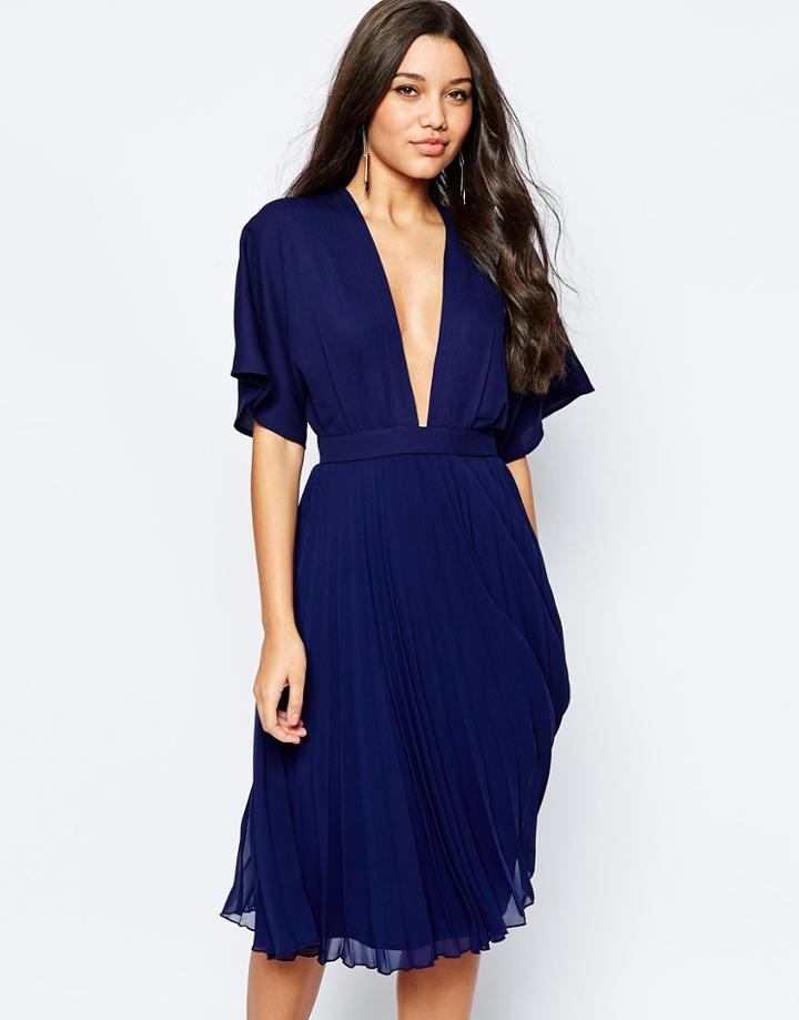 Asos Kimono Sleeve Pleated Midi Dress - Navy