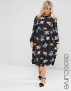 Asos Curve Floral Print Midi Column Dress With Long Sleeve - Multi