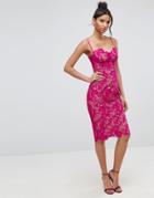 Asos Corsetted Lace Contrast Midi Pencil Dress - Pink