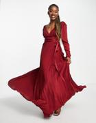 Asos Design Bridesmaid Pleated Long Sleeve Maxi Dress With Satin Wrap Waist In Burgundy-red