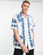 Asos Design Relaxed Camp Collar Linen Mix Shirt In White With Floral Border