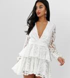 John Zack Petite Allover Lace Plunge Front Skater Dress In White