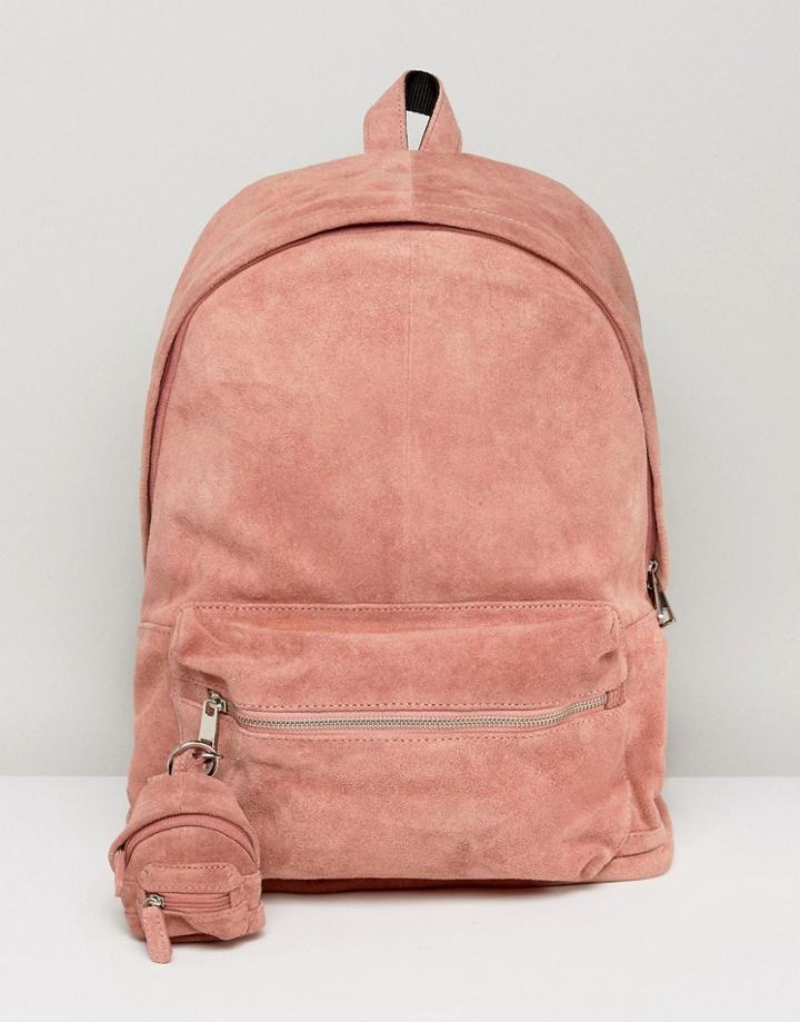 Asos Backpack In Pink Suede With Mini Backpack Keychain - Pink