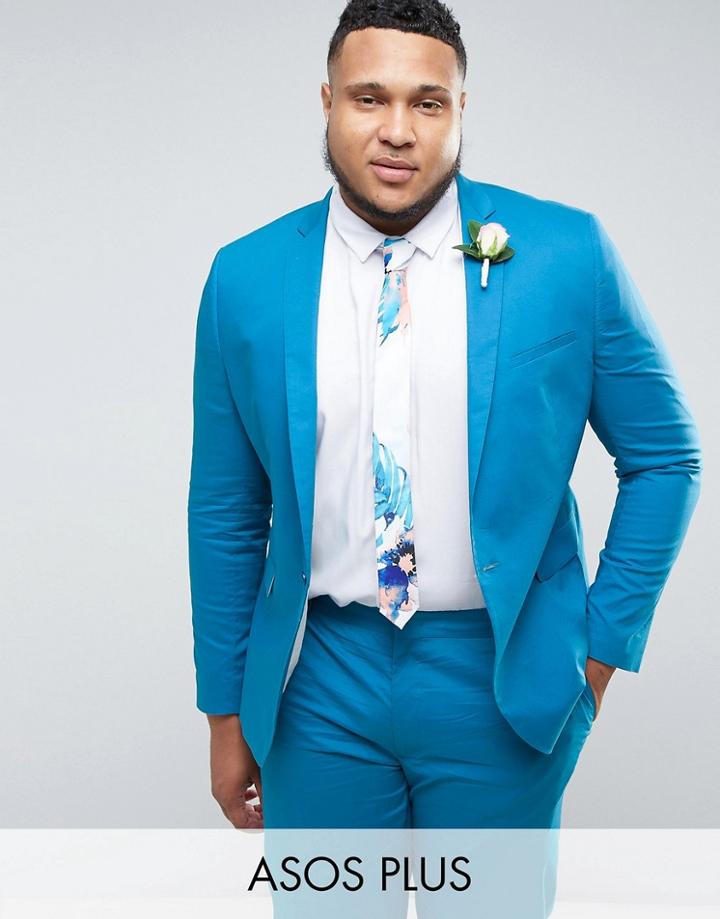 Asos Plus Wedding Skinny Suit Jacket In Ocean Blue Stretch Cotton - Blue