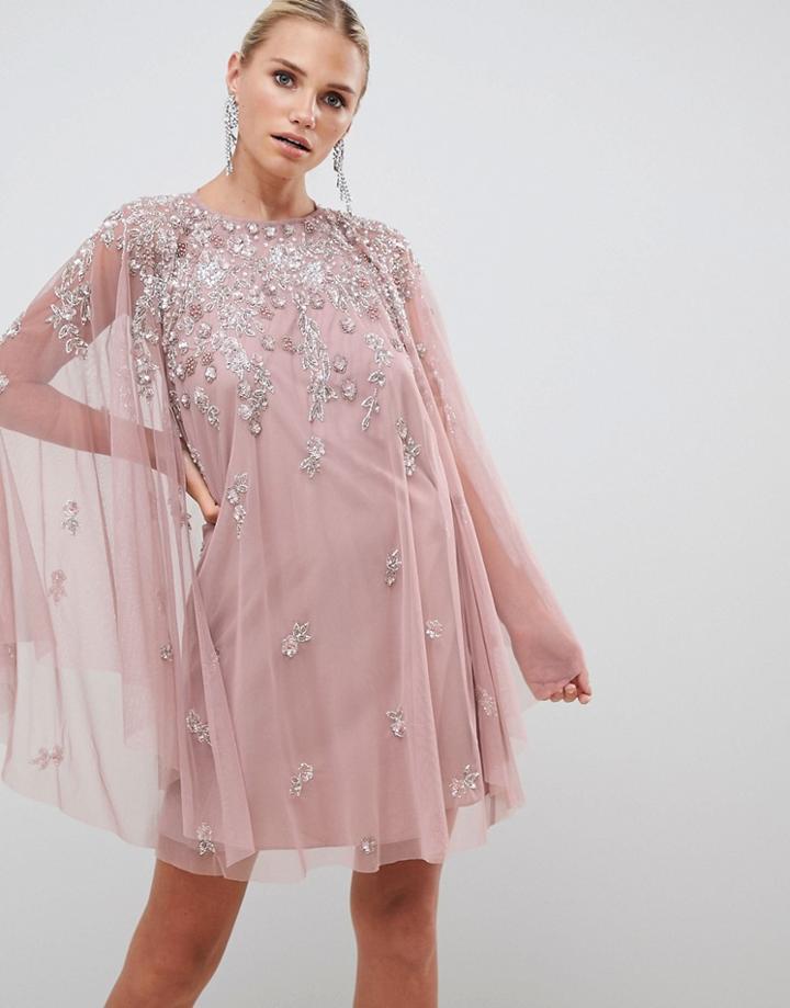 Asos Design Mini Dress With Heavily Embellished Cape - Beige