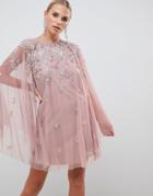 Asos Design Mini Dress With Heavily Embellished Cape - Beige
