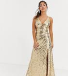 Little Mistress Petite Strappy Sequin Maxi Gown In Gold
