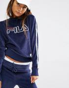 Fila Sweatshirt With Tape Detail Sleeves And Applique Logo In Velour - Navy
