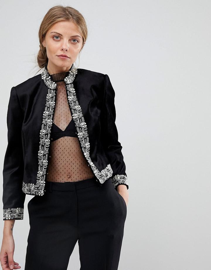 Ted Baker Embroidered Cropped Jacket In Velvet - Black