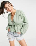 Asos Design Natural Crinkle Lace Up Front Top In Sage-multi