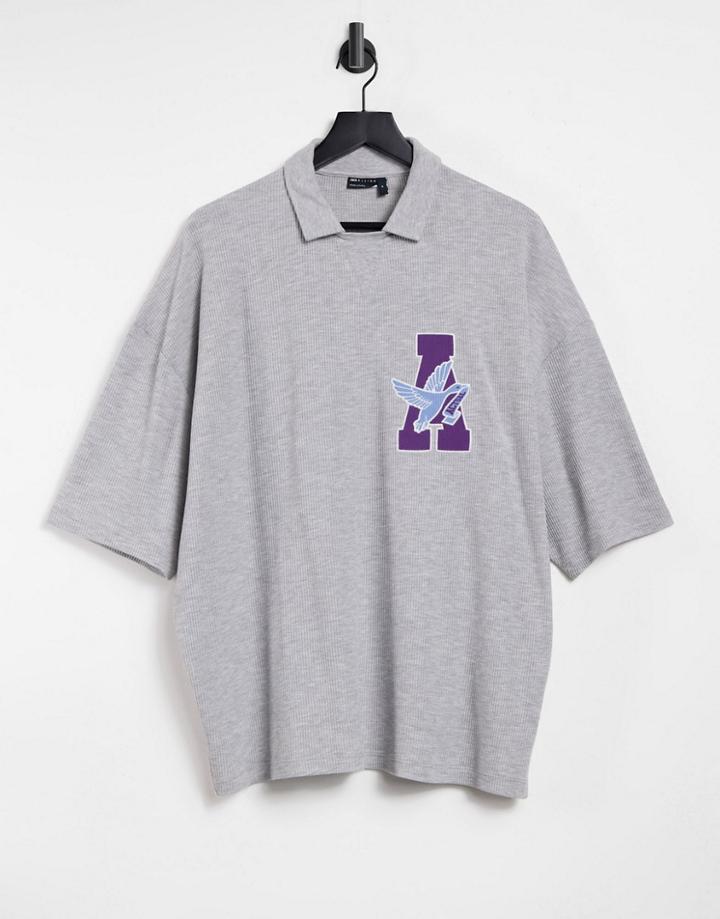 Asos Actual Oversized Waffle Polo Shirt With Chest Embroidery In Gray