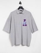 Asos Actual Oversized Waffle Polo Shirt With Chest Embroidery In Gray
