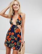 Love & Other Things Floral Deep Plunge Dress - Blue