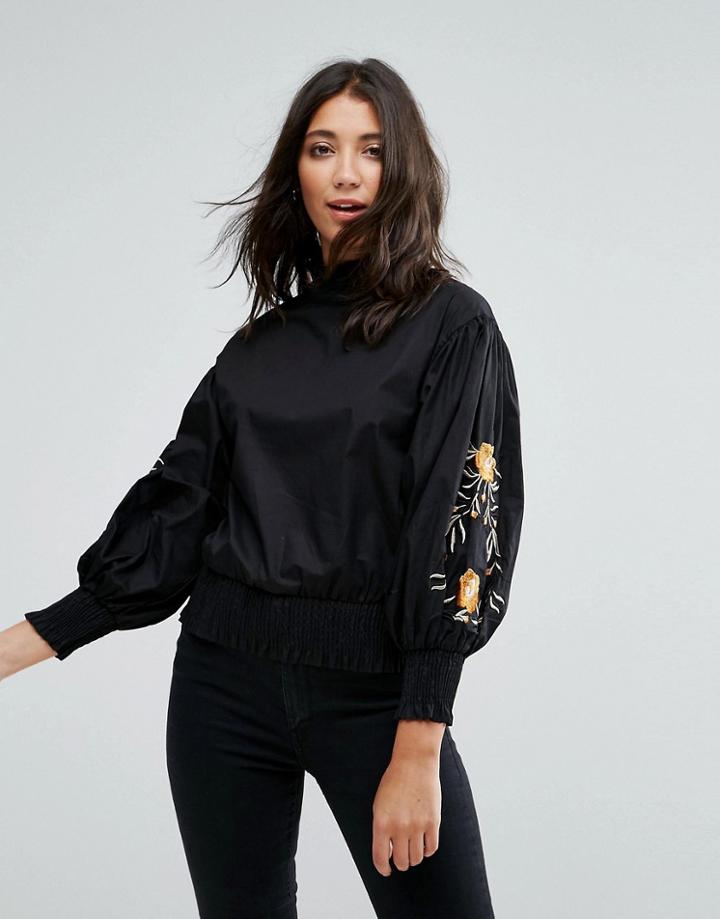 Qed London Embelished Sleeve Top - Black