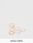 Asos Design Curve Pack Of 6 Rings In Engraved And Floral Design With Crystal In Gold - Gold