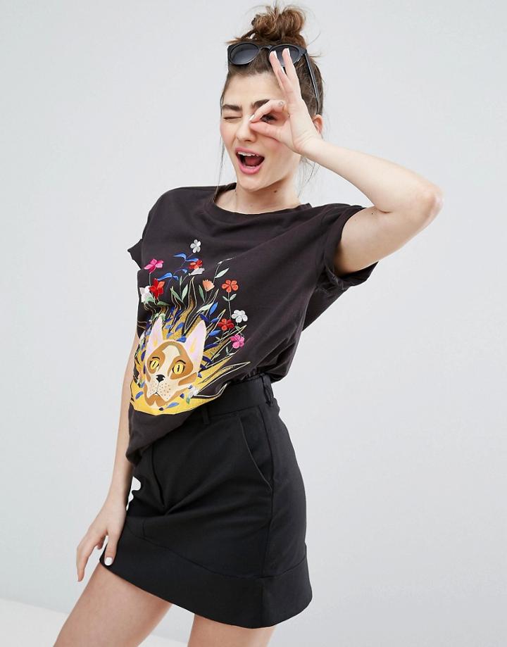 Monki Cat Floral Print T-shirt - Black