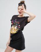 Monki Cat Floral Print T-shirt - Black
