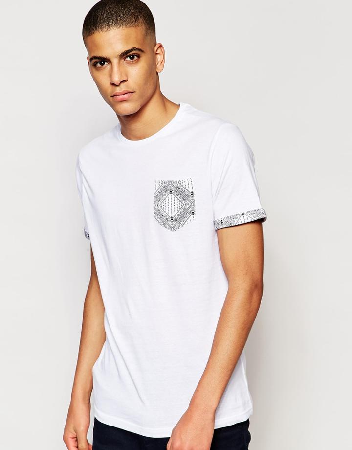 Brave Soul Skull Print Contrast Pocket T-shirt - White