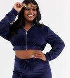 Fashionkilla Plus Cropped Zip Through Velvet Hoody In Navy-beige