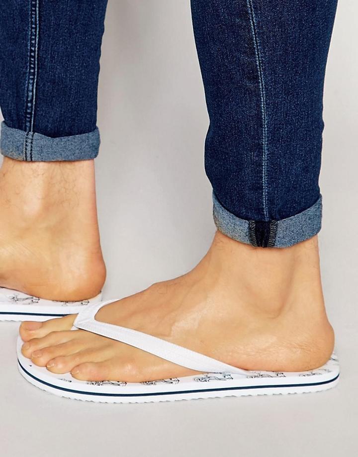 Asos Flip Flops In White With Anchor Print - White