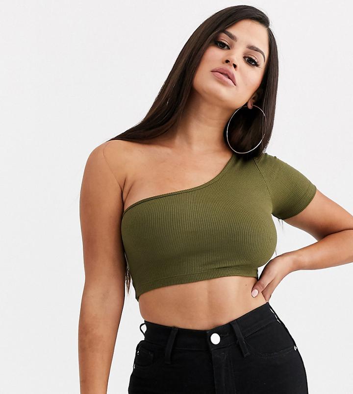 Asos Design Petite Super Crop One Shoulder Top In Khaki-green