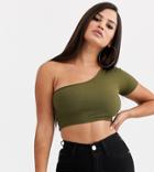 Asos Design Petite Super Crop One Shoulder Top In Khaki-green