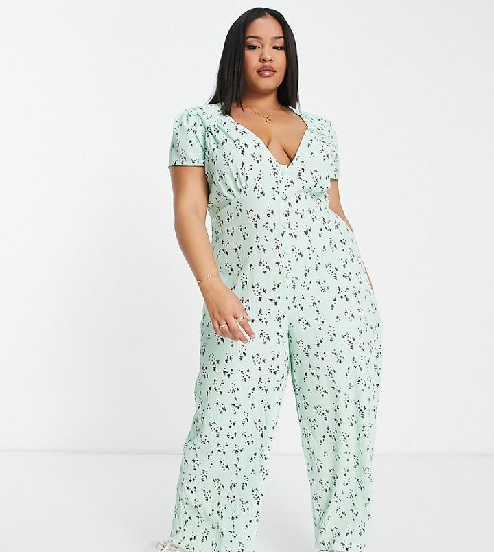 Asos Design Curve Bubble Crepe Cap Sleeve Button Front Tea Jumpsuit In Sage Ditsy-pink