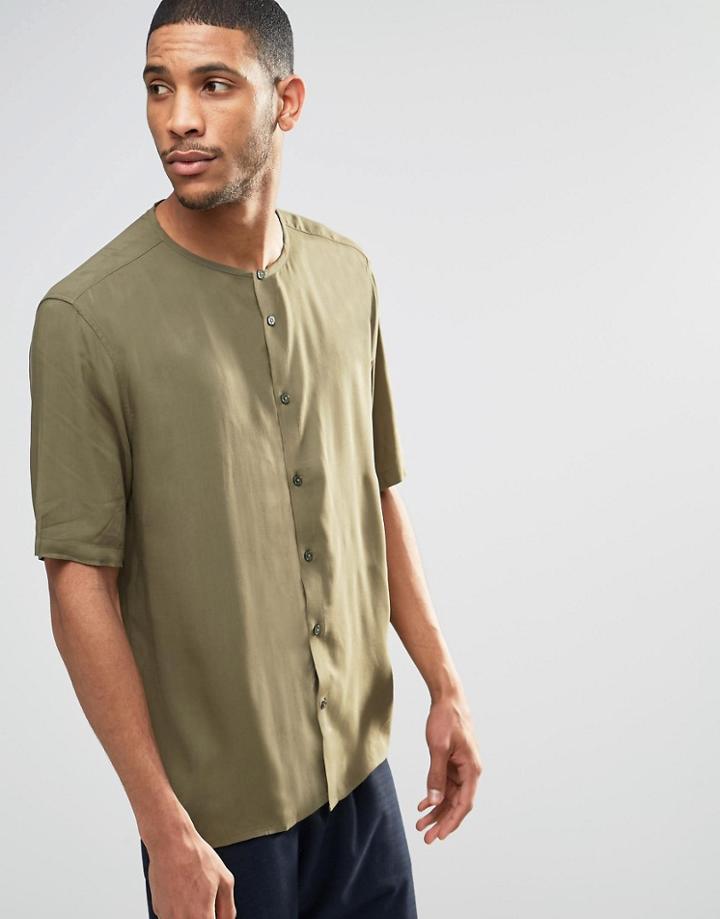 Asos Collarless Shirt In Khaki With Half Sleeve In Regular Fit - Khaki