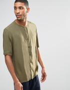 Asos Collarless Shirt In Khaki With Half Sleeve In Regular Fit - Khaki