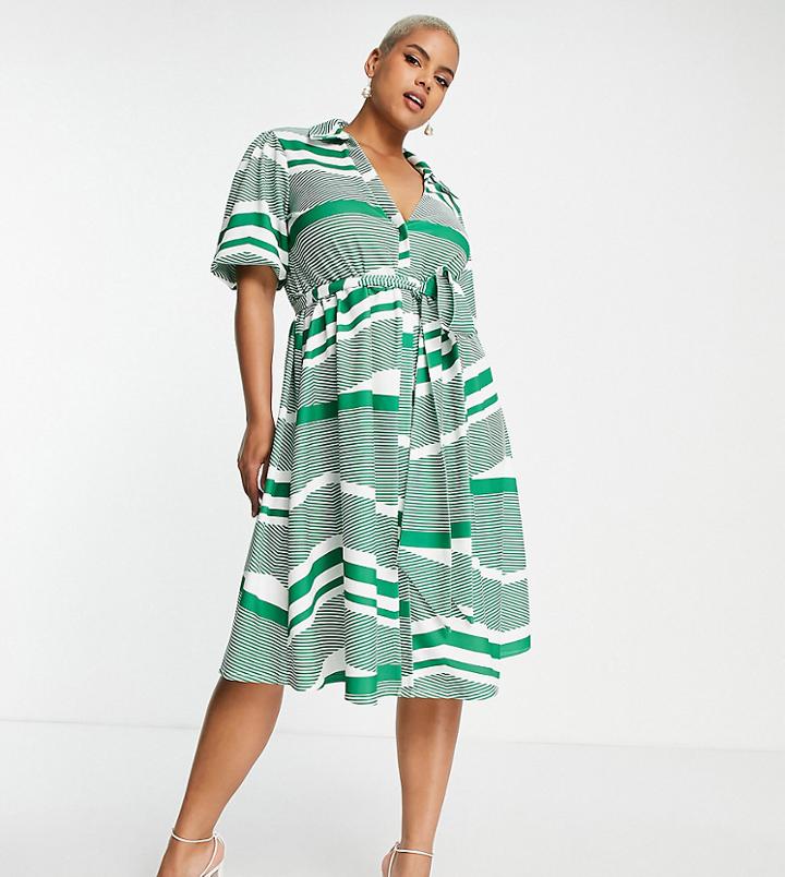 Asos Design Curve Belted Midi Shirt Dress In Green Stripe-multi