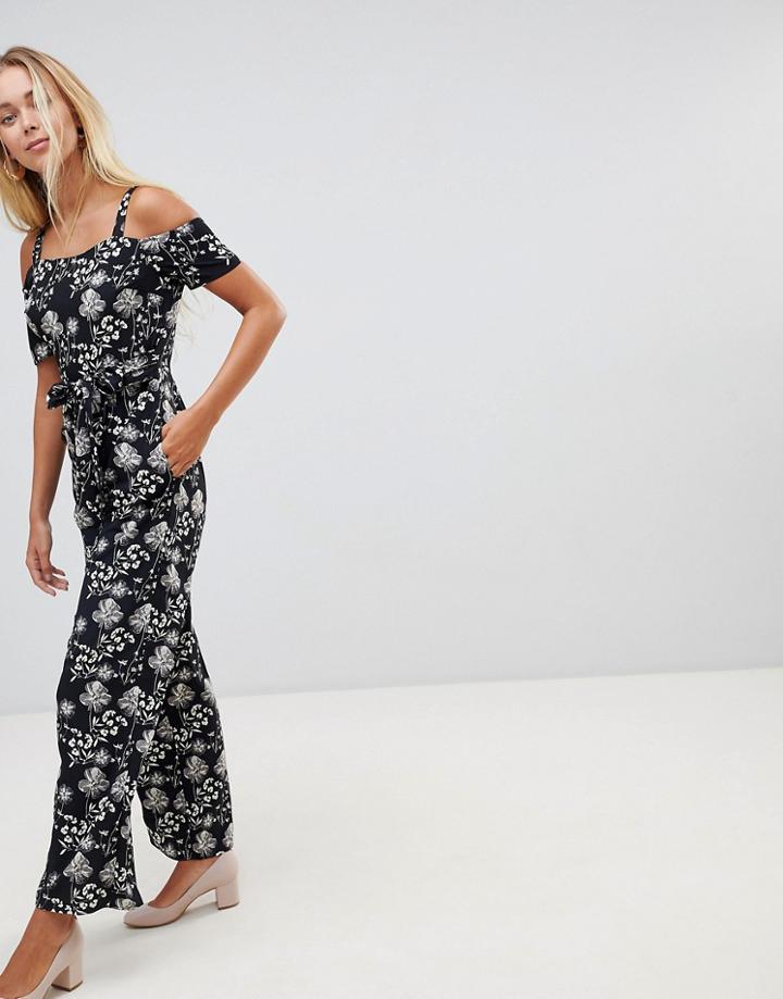 Qed London Cold Shoulder Floral Print Culotte Jumpsuit - Black