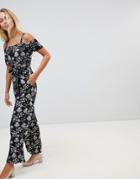 Qed London Cold Shoulder Floral Print Culotte Jumpsuit - Black