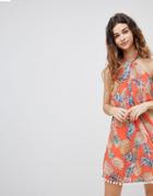 Crescent Pineapple Print Halter Dress With Pom Pom Hem - Pink