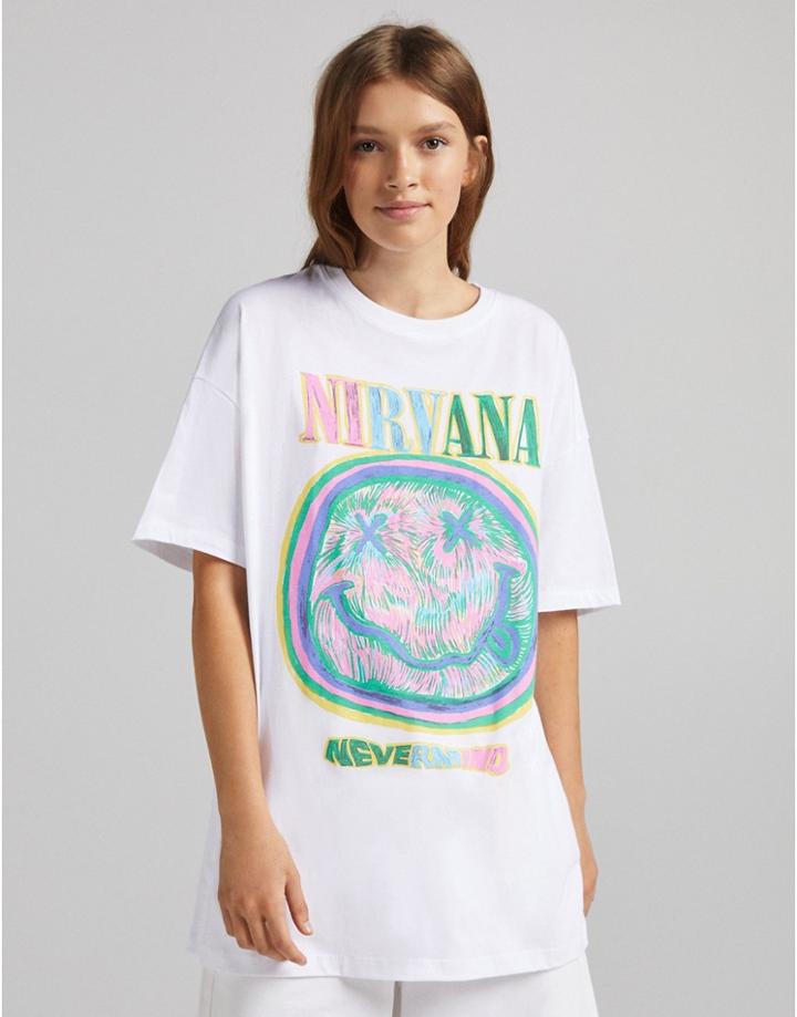 Bershka Oversized Nirvana Tee In White