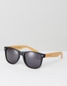 Pull & Bear Retro Sunglasses In Matte Black With Wooden Temples - Blue