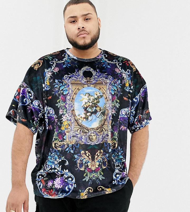 Asos Design Plus Oversized Velour T-shirt With Half Sleeve And All Over Historical Scene And Floral Print - Navy