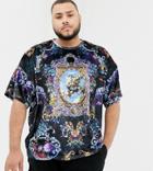 Asos Design Plus Oversized Velour T-shirt With Half Sleeve And All Over Historical Scene And Floral Print - Navy
