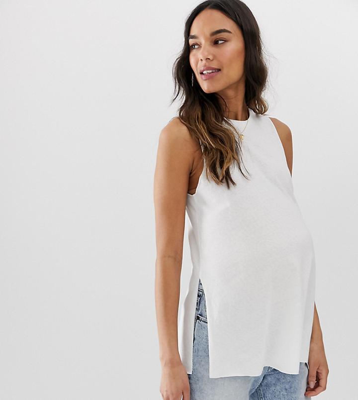 Asos Design Maternity Sleeveless Top With Side Split In Linen Mix In White - White