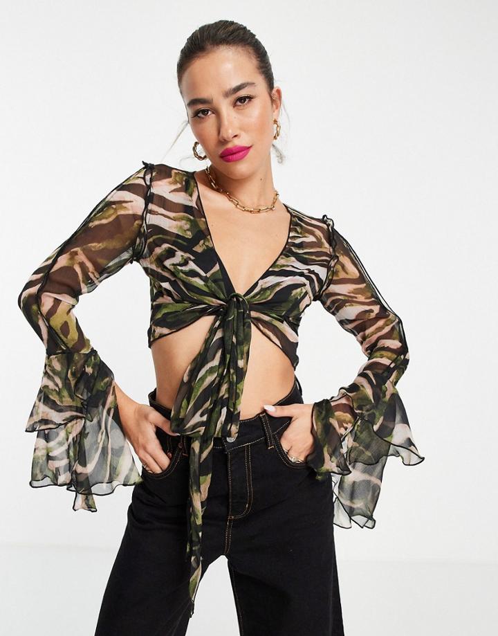 Asos Design Sheer Tie Front Blouse With Ruffle Sleeve Detail In Abstract Animal Print-multi