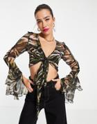 Asos Design Sheer Tie Front Blouse With Ruffle Sleeve Detail In Abstract Animal Print-multi