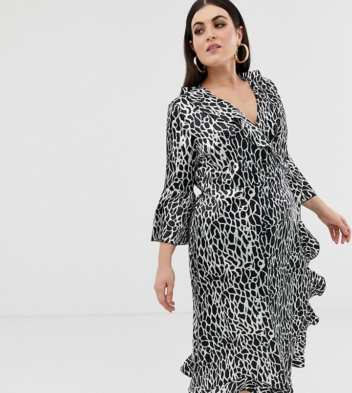 Outrageous Fortune Plus Ruffle Wrap Midi Dress With Fluted Sleeve In Giraffe Print - Multi