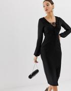 Asos Design Woven Mix Pencil Dress With Lace Up Front-black