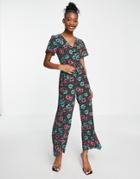 Asos Design Tea Button Front Jumpsuit In Floral Polka Dot-multi