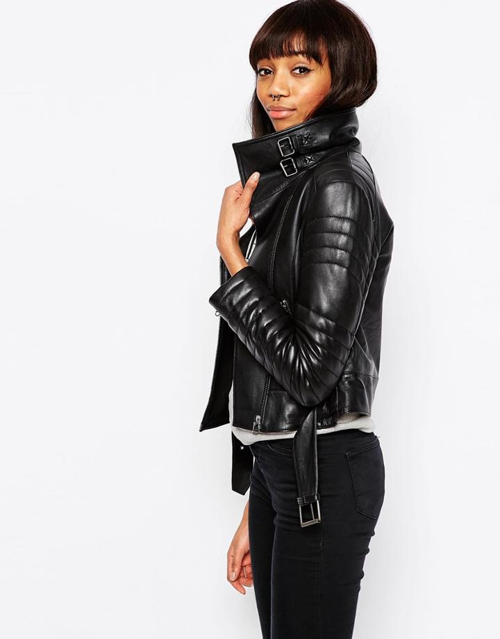 Asos Biker Jacket With Funnel Neck In Leather - Black