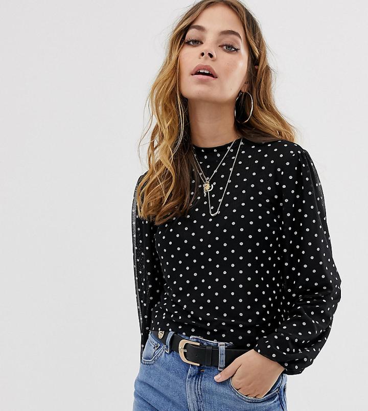 Asos Design Petite Top With Blouson Sleeve And Tie Neck In Spot Mesh Print-black